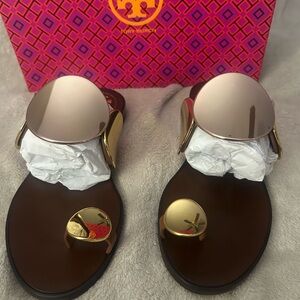Tory Burch Brown Leather Sandals with Gold Metallic Discs